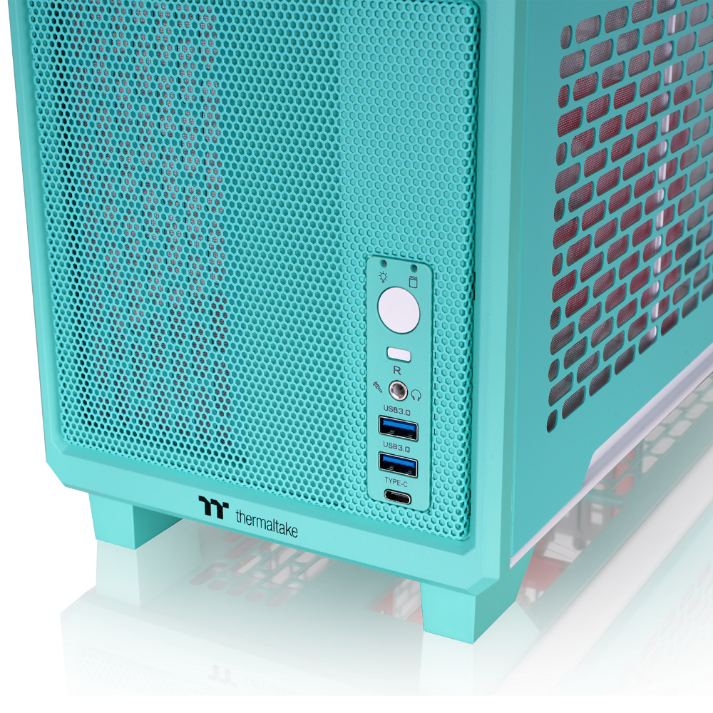 Der tr100 Mini Tower in der Farbe Mint Strawberry (Türkis) ist ein ITX PC Gehäuse zum mitnehmen